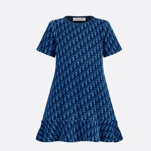 GORGEOUS CHRISTIAN DIOR Logo Blue Dior Oblique Velvet Jacquard A-Line Dress
